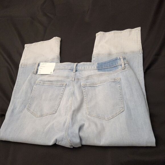 LOFT Petite Curvy Girlfriend Jeans in Patched Light Indigo Wash - Picture 6 of 7